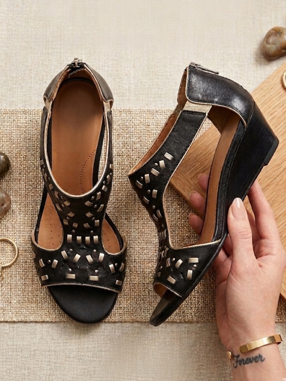 CLARKS- Leather Studded Cutout Wedge Sandals